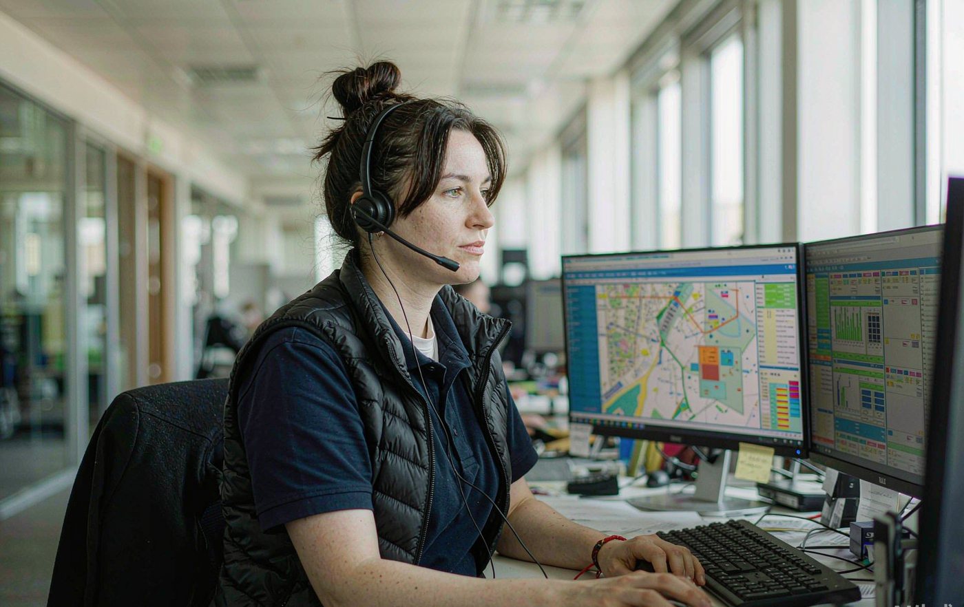 Operations coordinator managing dispatch schedules on multiple screens