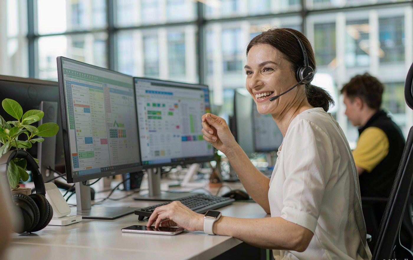 Customer-service representative answering a client with a headset